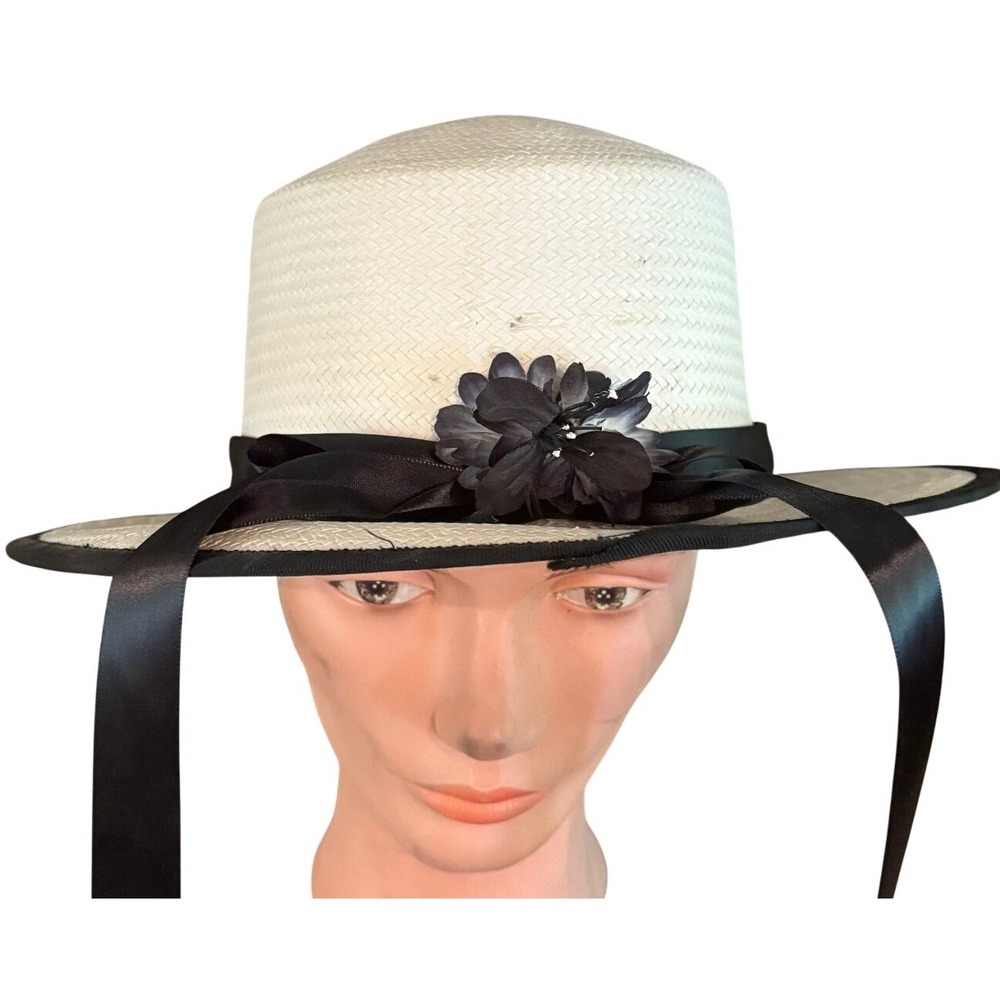 Vintage Cream Straw Boater Hat Black Ribbon Flower Wide Brim Sun Hat Tie Strap